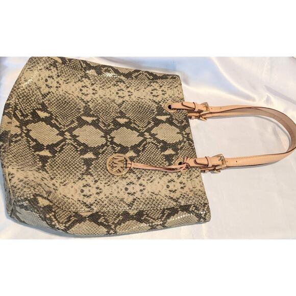 Michael Kors Python Embossed Leather Large Tote Snakeskin Neutrals GUC - Picture 2 of 12